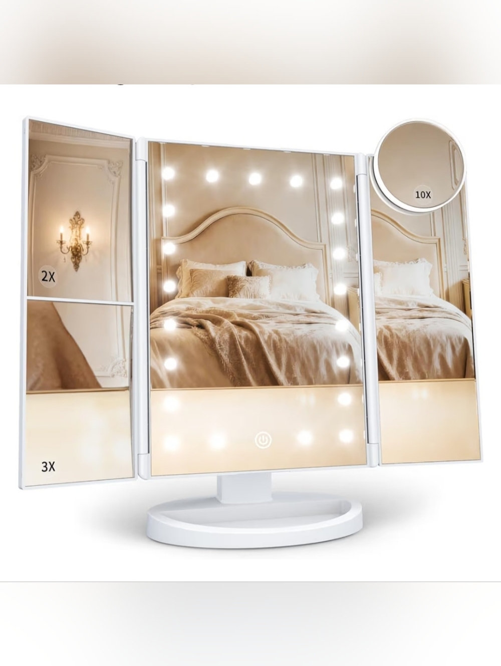 LED Tri-Fold Make-up Mirror in White.